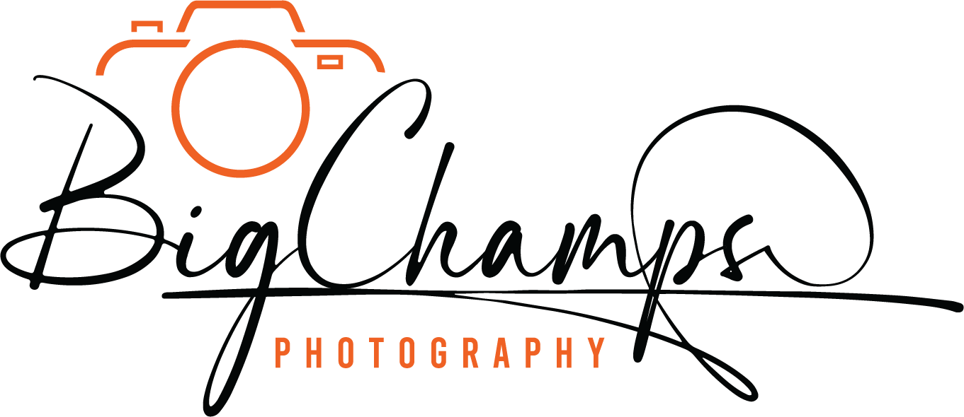 Photography logo featuring an orange camera icon above elegant script text spelling BigChamps Photography emphasizing creative and professional photo services.