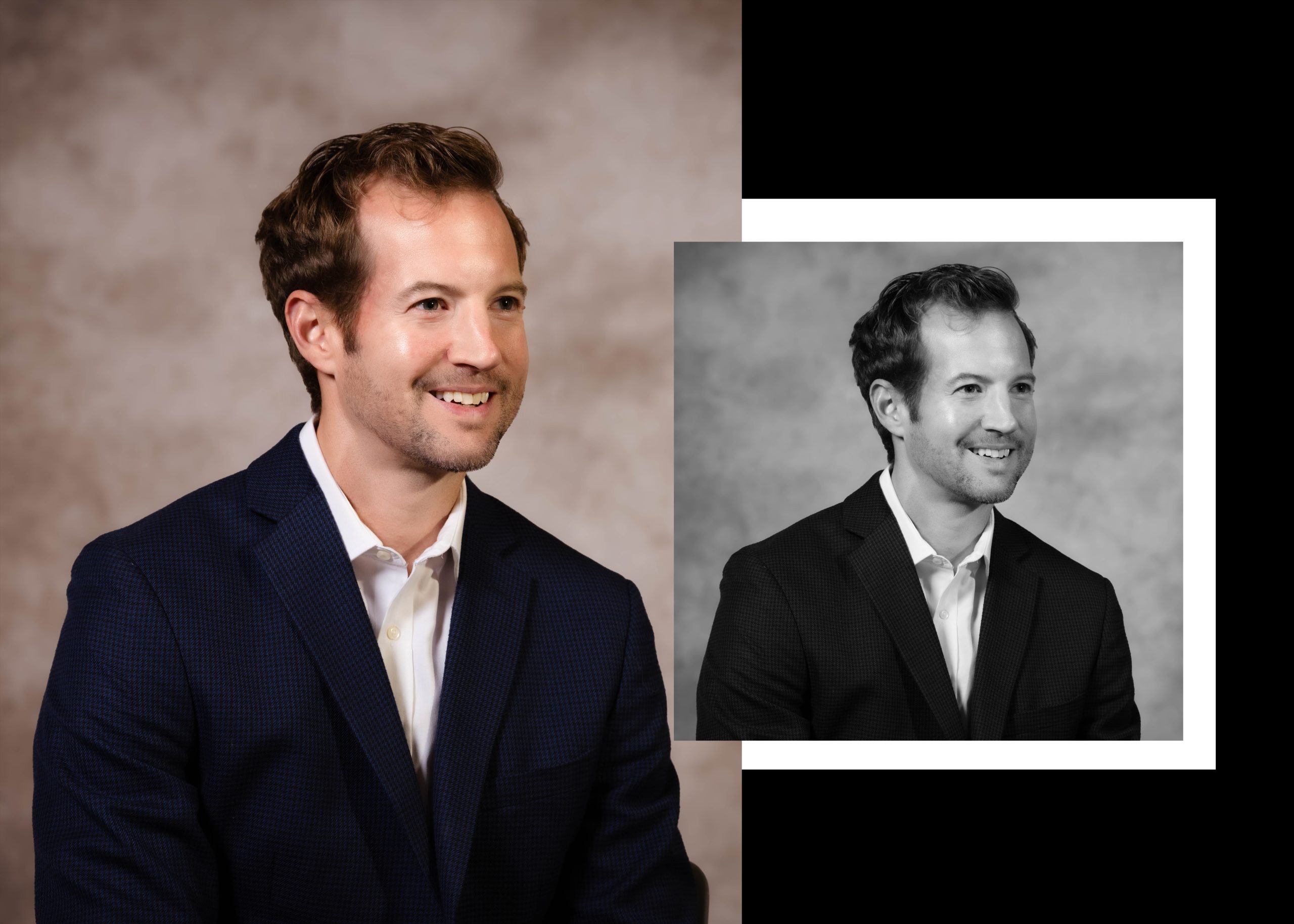 Smiling man in a navy suit poses against a neutral background with a black and white inset. Professional headshots depict confidence and approachability.