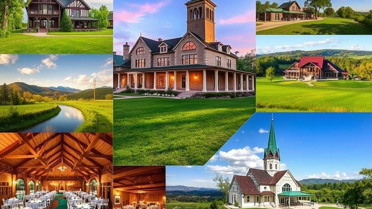 Collage of scenic landscapes and elegant buildings featuring a church with a green spire, lush greenery, mountains, and a banquet hall set up for an event.