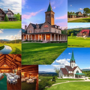Collage of scenic landscapes and elegant buildings featuring a church with a green spire, lush greenery, mountains, and a banquet hall set up for an event.
