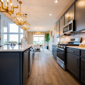 Modern kitchen interior with sleek dark cabinets and stainless steel appliances under warm lighting. Bright and spacious design with a view of the dining area.