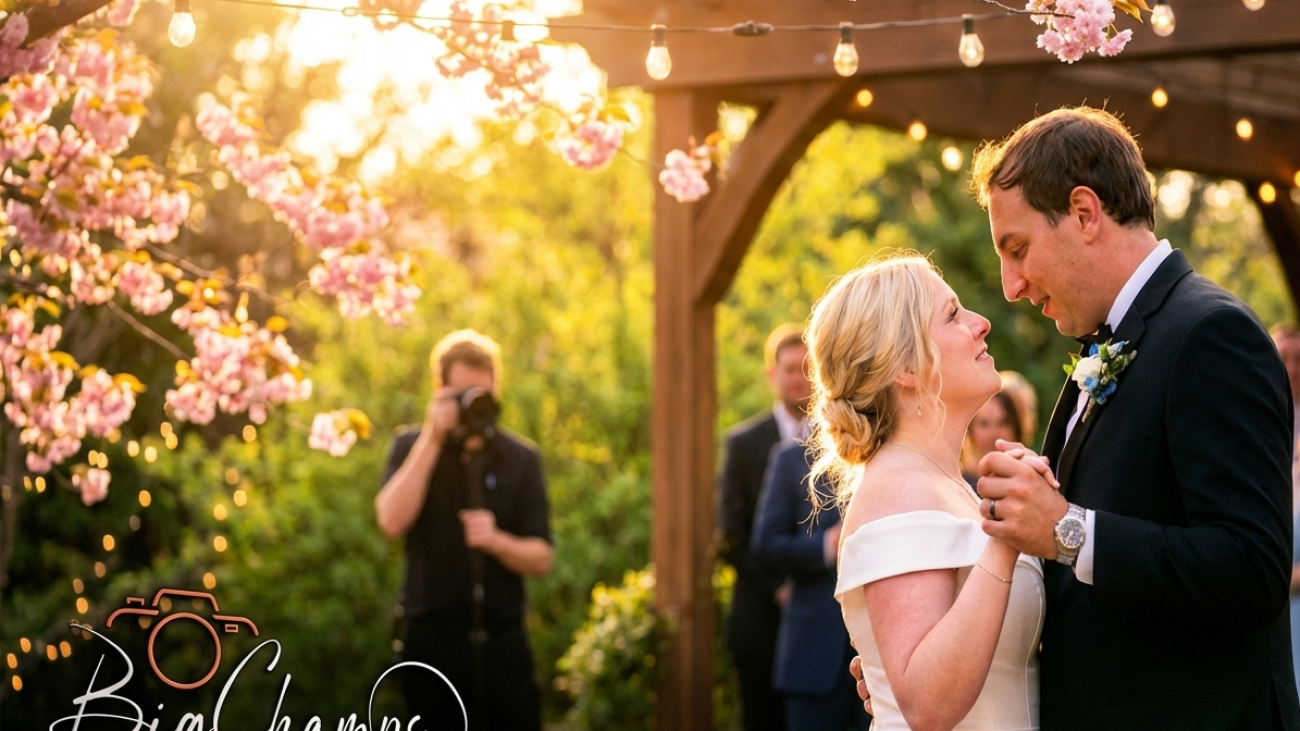 A couple shares a romantic dance under a wooden pergola decorated with string lights and surrounded by blooming cherry blossoms during an outdoor wedding celebration.
