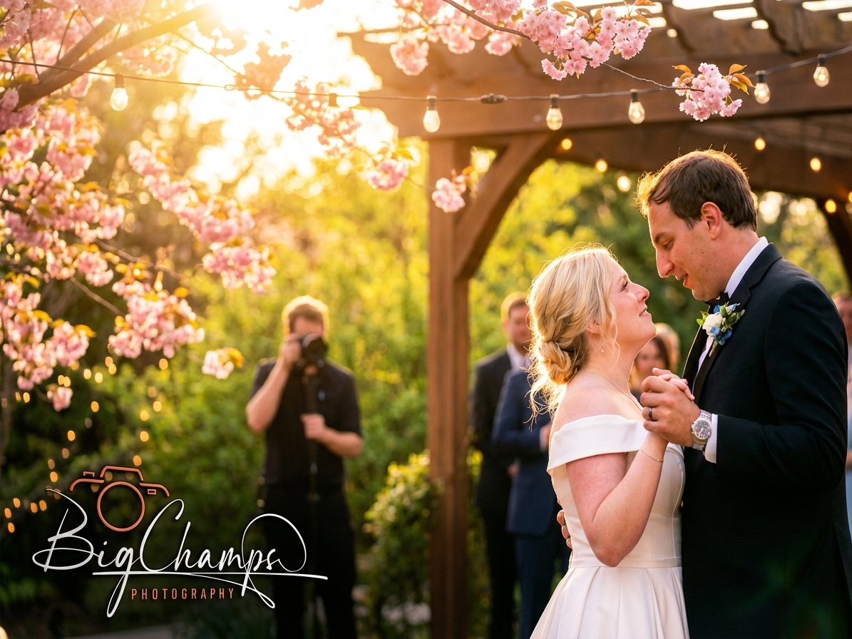 A couple shares a romantic dance under a wooden pergola decorated with string lights and surrounded by blooming cherry blossoms during an outdoor wedding celebration.