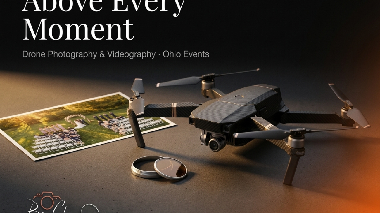 Drone and photography equipment on a table showcasing Above Every Moment service for Ohio events by Big Champ Photography specializing in drone photography and videography.