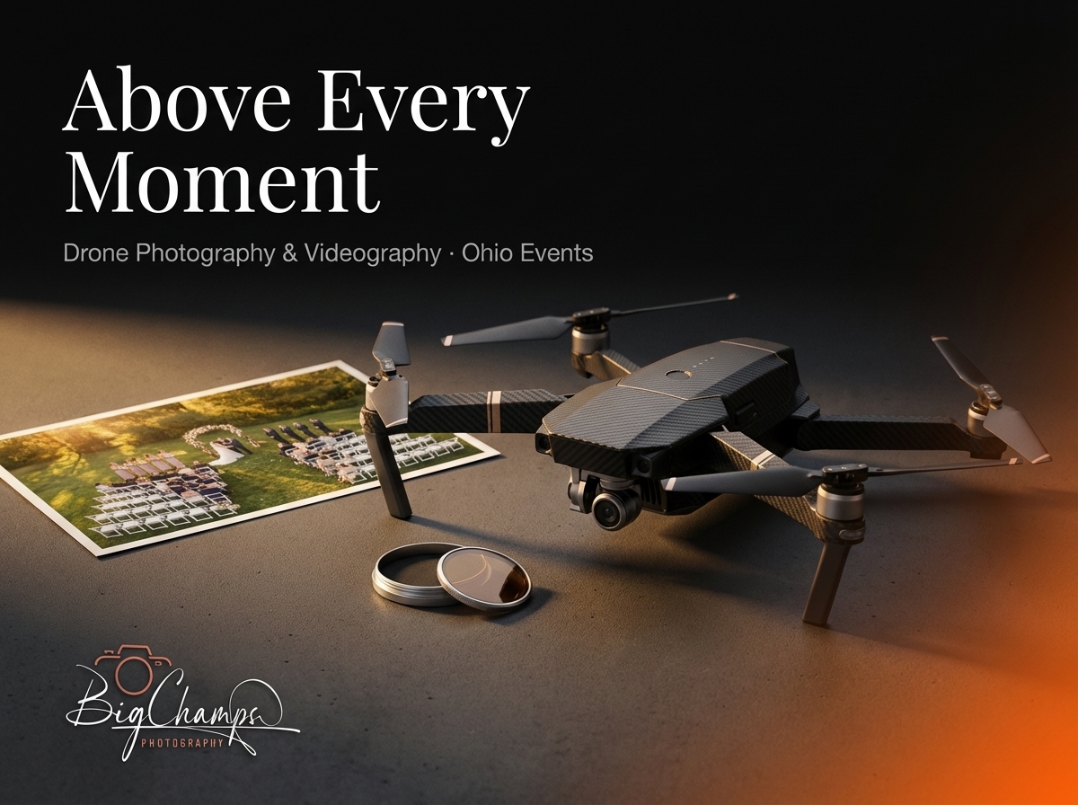 Drone and photography equipment on a table showcasing Above Every Moment service for Ohio events by Big Champ Photography specializing in drone photography and videography.