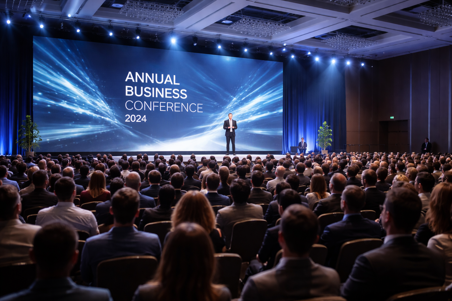 Business professionals seated in a large hall for the Annual Business Conference 2024 presentation.