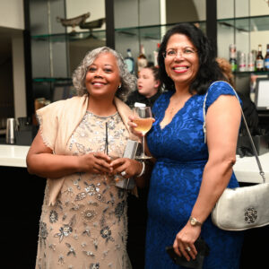 Two women enjoying a night out at a bar in elegant dresses each holding a drink and smiling. The background shows a well-stocked bar with a friendly atmosphere.