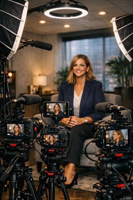 Multi‑camera corporate interview setup in modern workspace