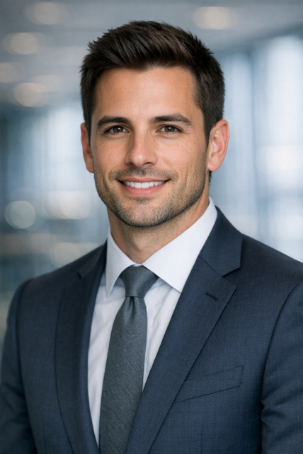 Business professional in suit posing for corporate headshot indoors