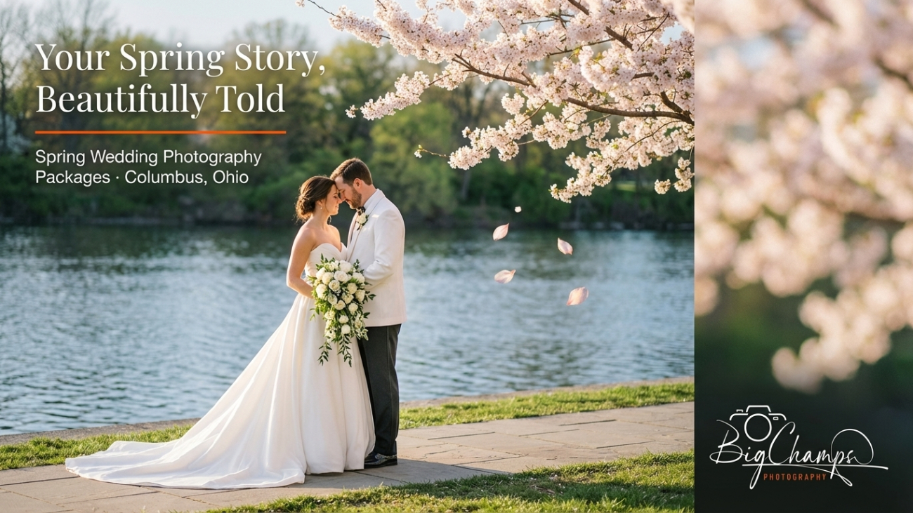 Bride and groom embrace under cherry blossoms by a riverside in Columbus Ohio during a spring wedding photo session symbolizing love and natural beauty