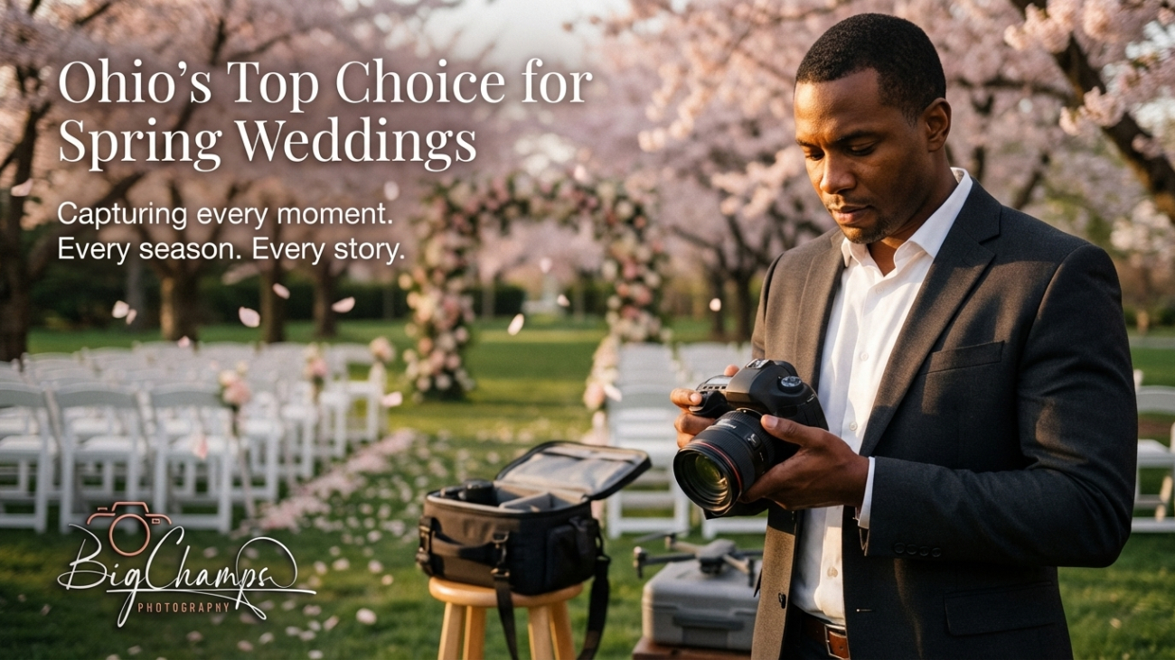 Photographer preparing camera at a picturesque outdoor wedding venue with blooming cherry blossoms in Ohio highlighting top choice for spring weddings and photography.