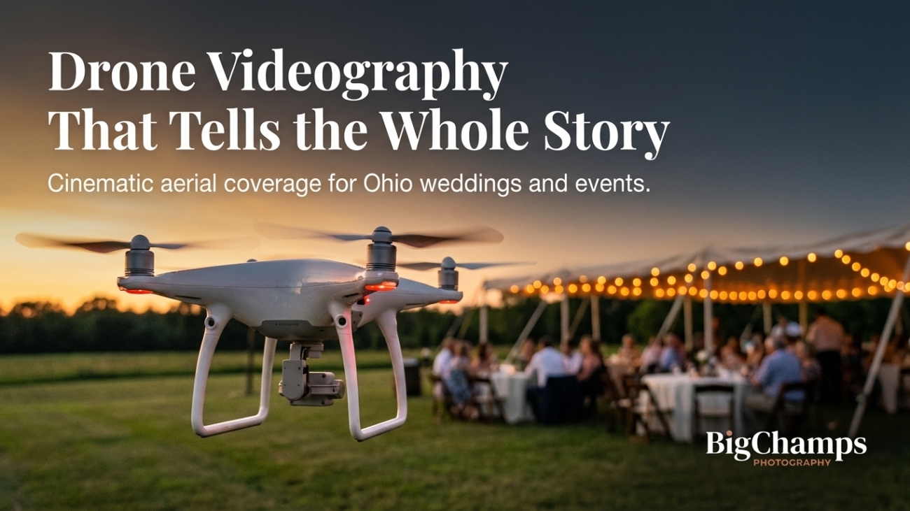 Drone capturing an outdoor event with guests seated under a glowing tent highlighting professional videography services for weddings and events in Ohio at sunset.