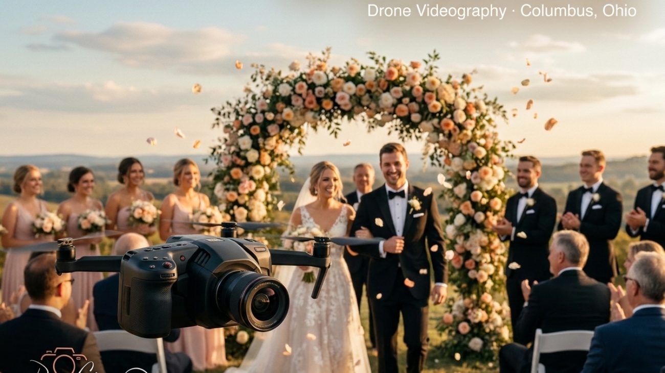 Elegant outdoor wedding ceremony with bride and groom walking down the aisle under a floral arch captured by drone videography in Columbus Ohio during sunset.