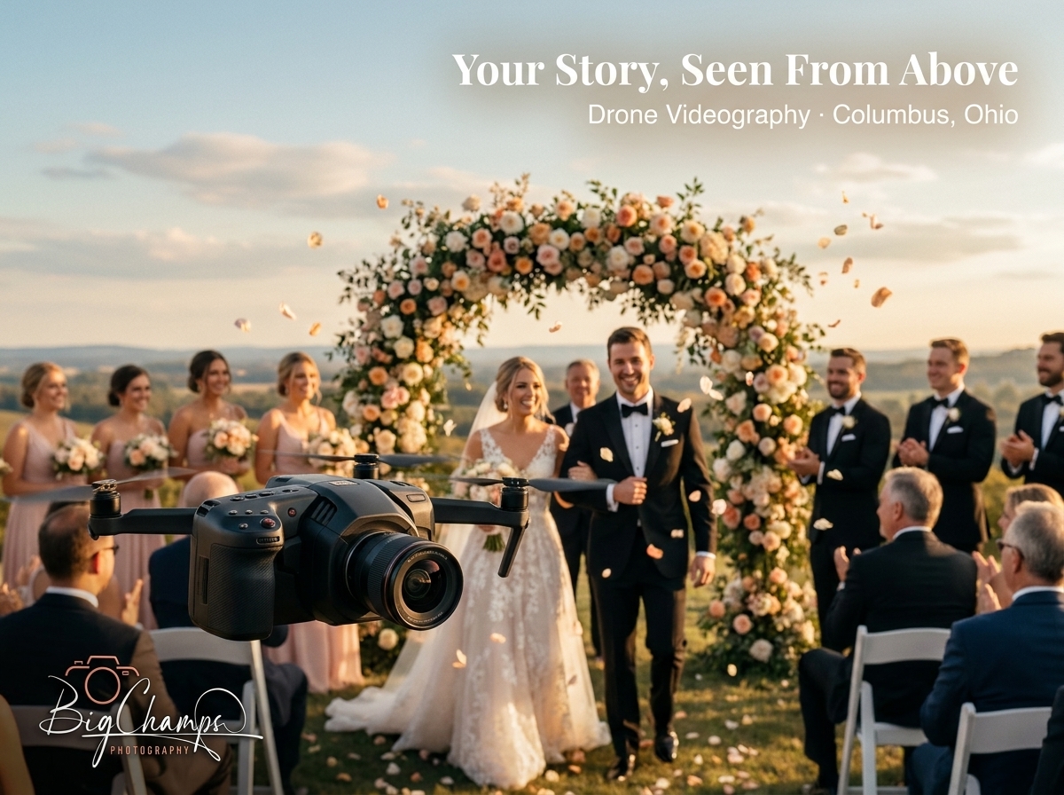 Elegant outdoor wedding ceremony with bride and groom walking down the aisle under a floral arch captured by drone videography in Columbus Ohio during sunset.