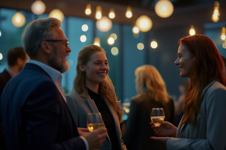 A group of professionals enjoying networking at a social event holding wine glasses smiling and engaging in conversation with warm ambient lighting in the background.