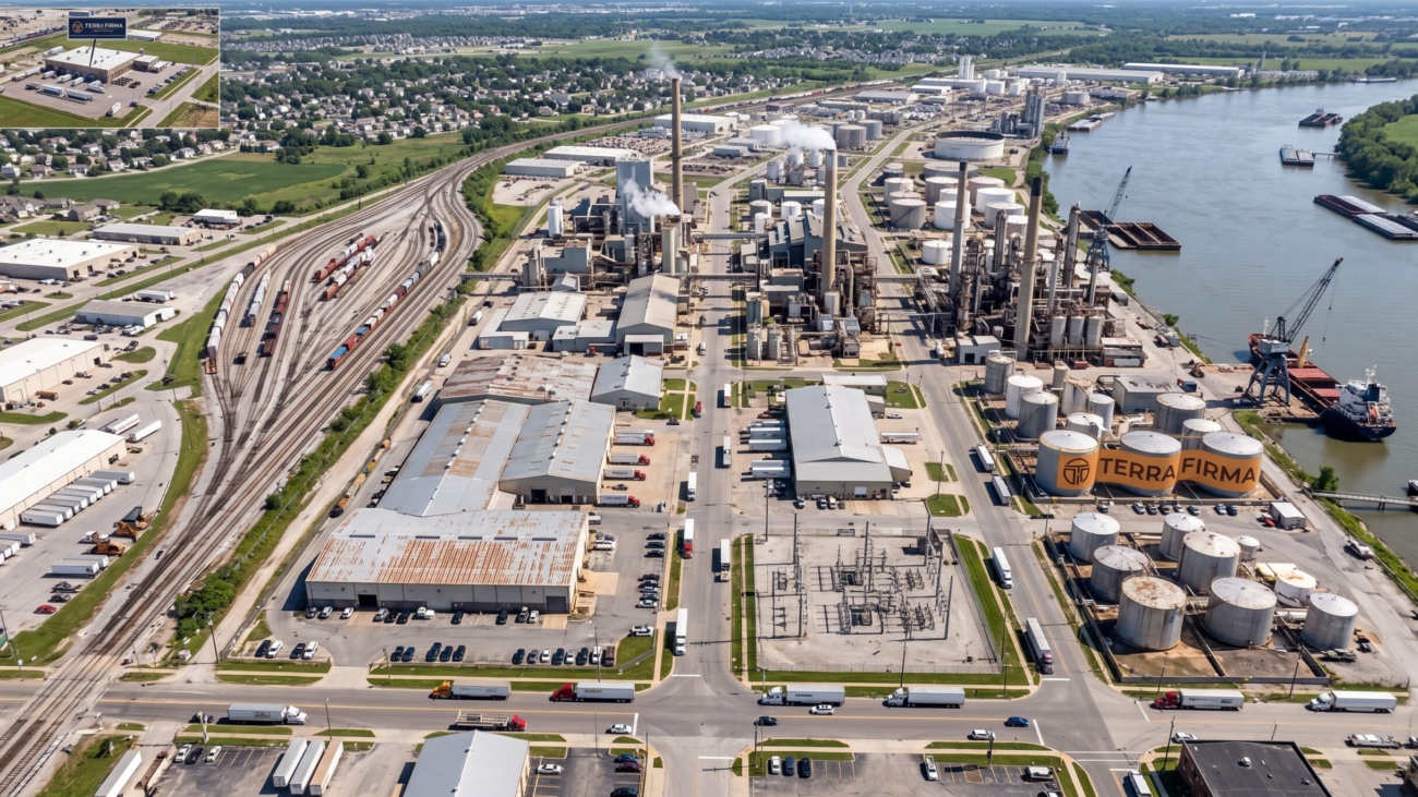 Aerial view of an industrial refinery complex located near a river with storage tanks rail lines and processing units surrounded by infrastructure and green areas