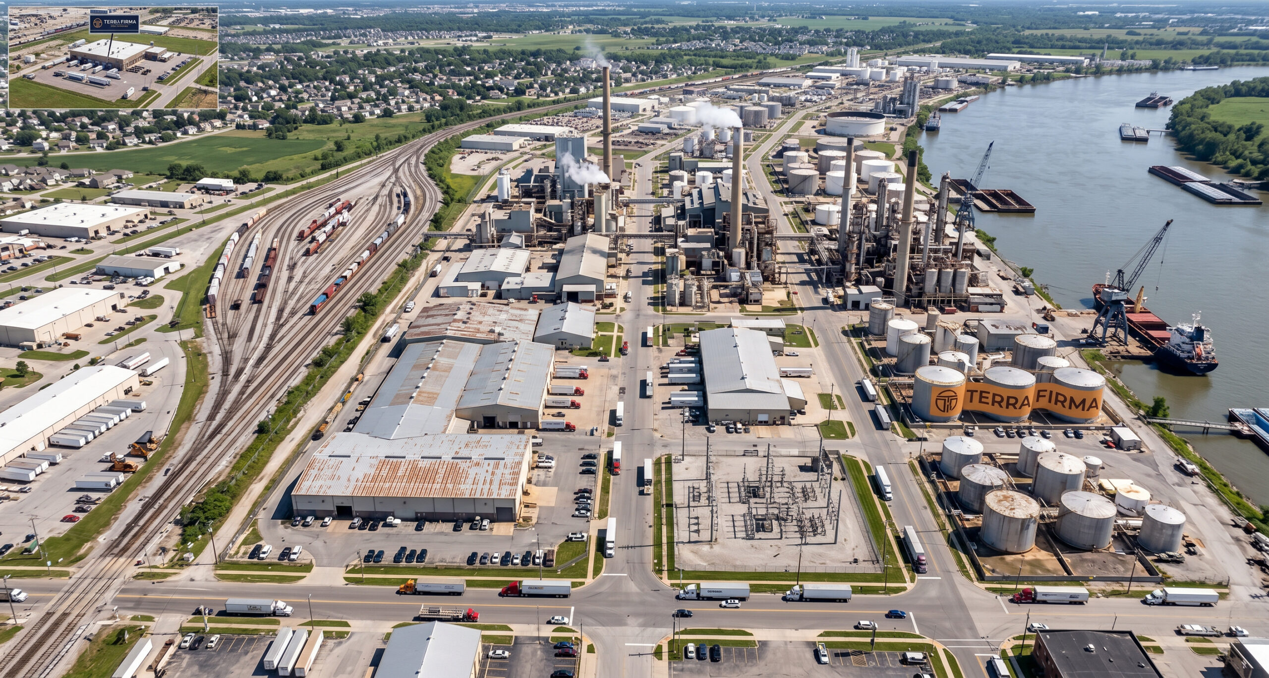 Aerial view of an industrial refinery complex located near a river with storage tanks rail lines and processing units surrounded by infrastructure and green areas