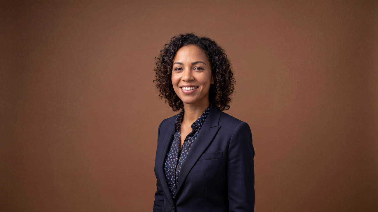 Smiling professional woman in a navy blazer stands confidently against a brown background showcasing a business attire style suitable for corporate and professional environments.
