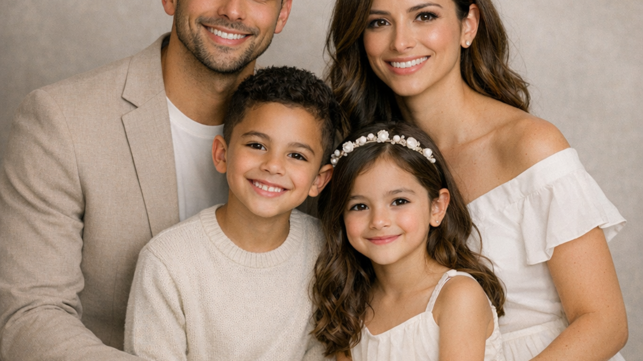 Smiling family portrait showcasing parents with their two young children in elegant attire studio setting warm and joyful family bonding moment togetherness and love.