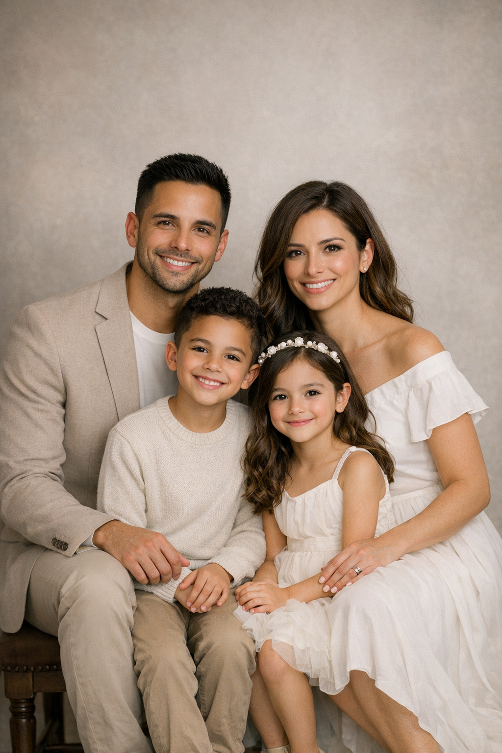 Smiling family portrait showcasing parents with their two young children in elegant attire studio setting warm and joyful family bonding moment togetherness and love.