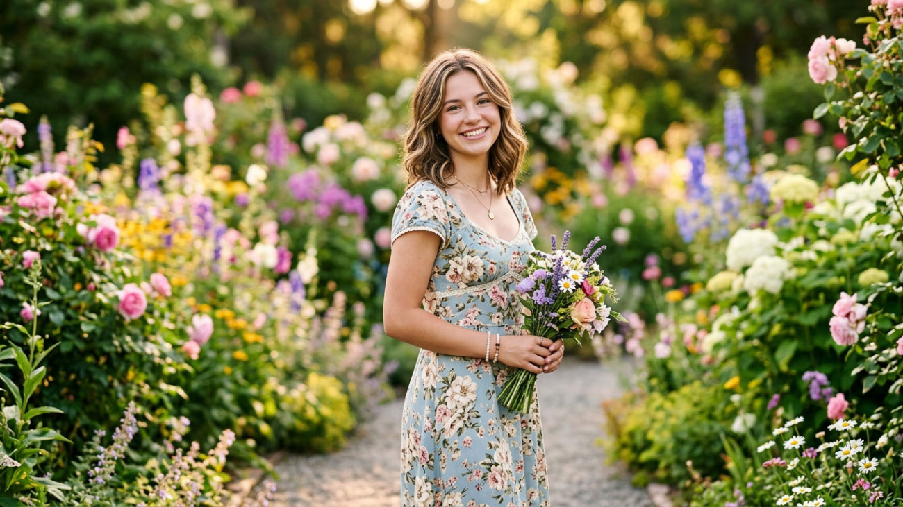 Woman in a floral dress holding a bouquet in a vibrant garden pathway with various blooming flowers and lush greenery creating a serene and colorful atmosphere