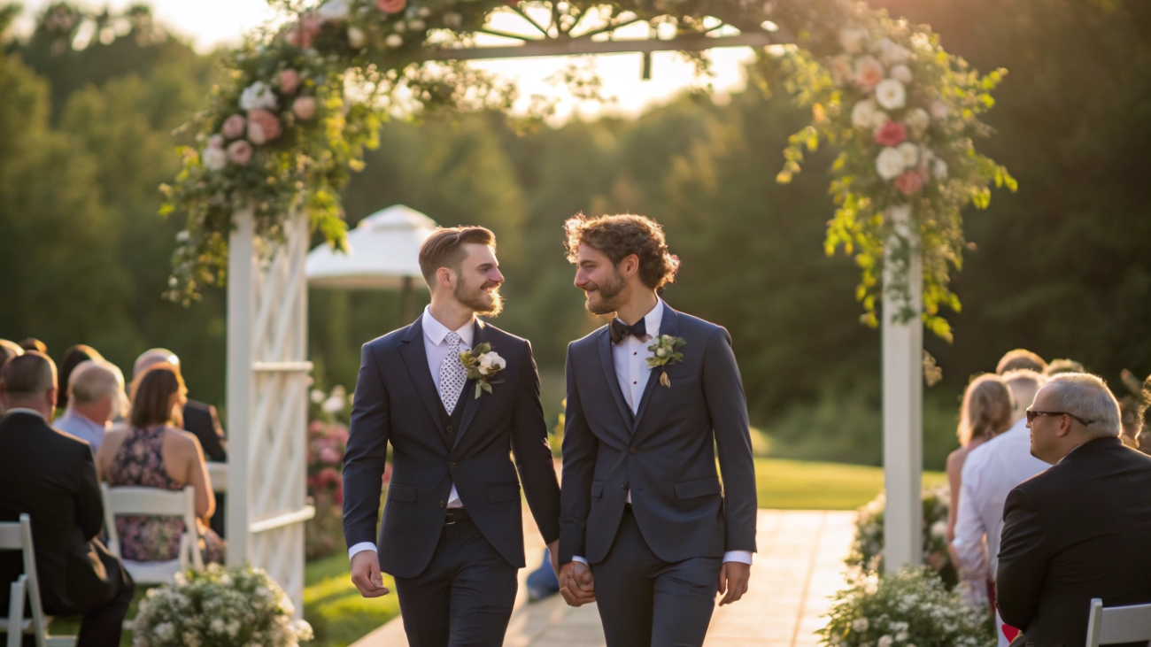 LGBTQ wedding photographer Ohio - two grooms walking down the aisle at their wedding ceremony