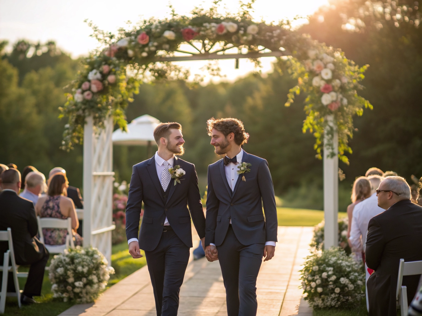 LGBTQ wedding photographer Ohio - two grooms walking down the aisle at their wedding ceremony