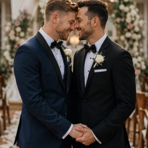 Two grooms in elegant suits share a joyful moment and embrace during their wedding ceremony surrounded by floral decorations on a beautiful day filled with love and celebration.