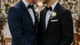 Two grooms in elegant suits share a joyful moment and embrace during their wedding ceremony surrounded by floral decorations on a beautiful day filled with love and celebration.