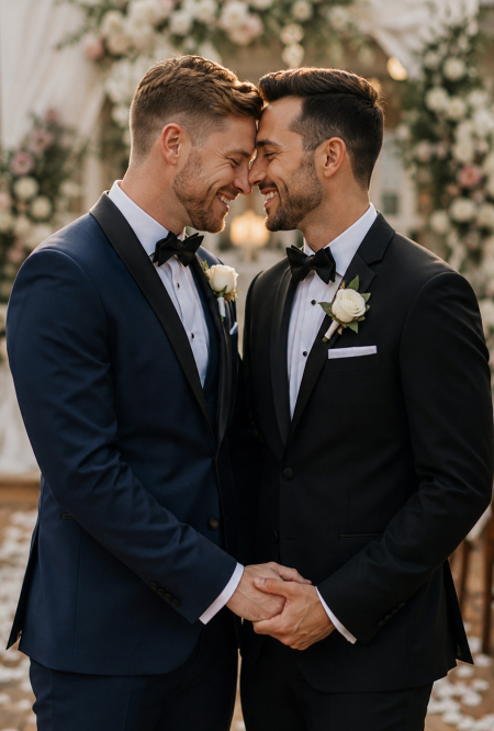 Two grooms in elegant suits share a joyful moment and embrace during their wedding ceremony surrounded by floral decorations on a beautiful day filled with love and celebration.