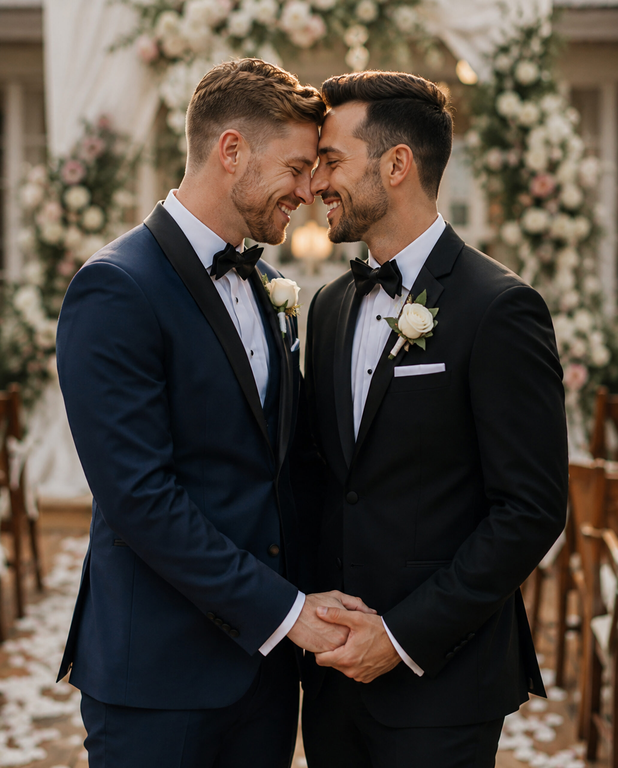 Two grooms in elegant suits share a joyful moment and embrace during their wedding ceremony surrounded by floral decorations on a beautiful day filled with love and celebration.