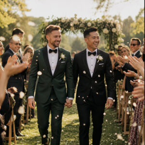 Two grooms in black tuxedos walk hand in hand down an outdoor wedding aisle after their ceremony, smiling as guests applaud and flower petals fall around them in warm golden sunlight.