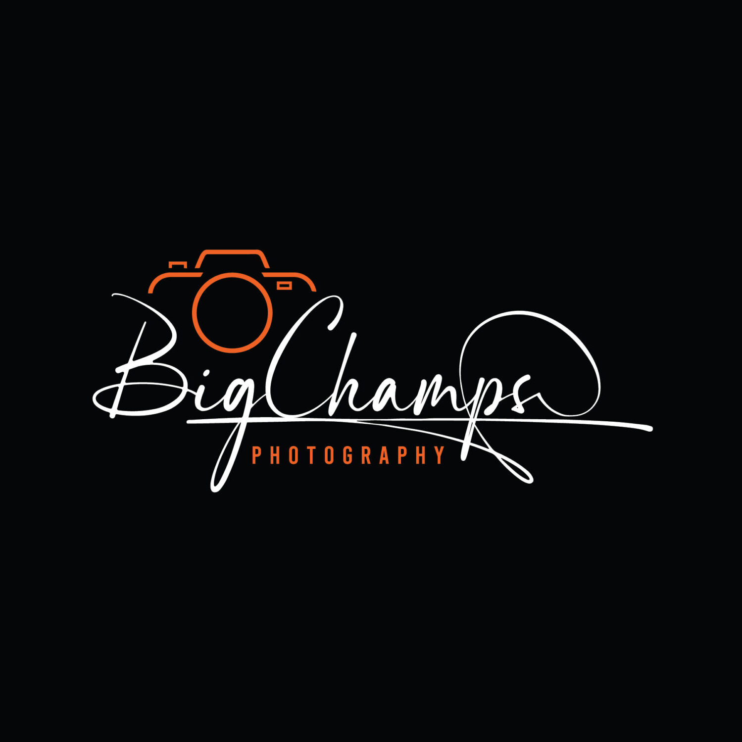 Black background with BigChamps Photography logo in white script and orange accents featuring a stylized camera outline. Professional photography branding design.