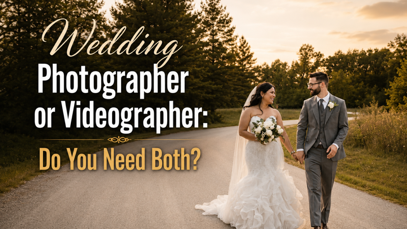 Bride and groom walking on a scenic road at sunset with text discussing whether to hire both a wedding photographer and videographer for capturing special moments.