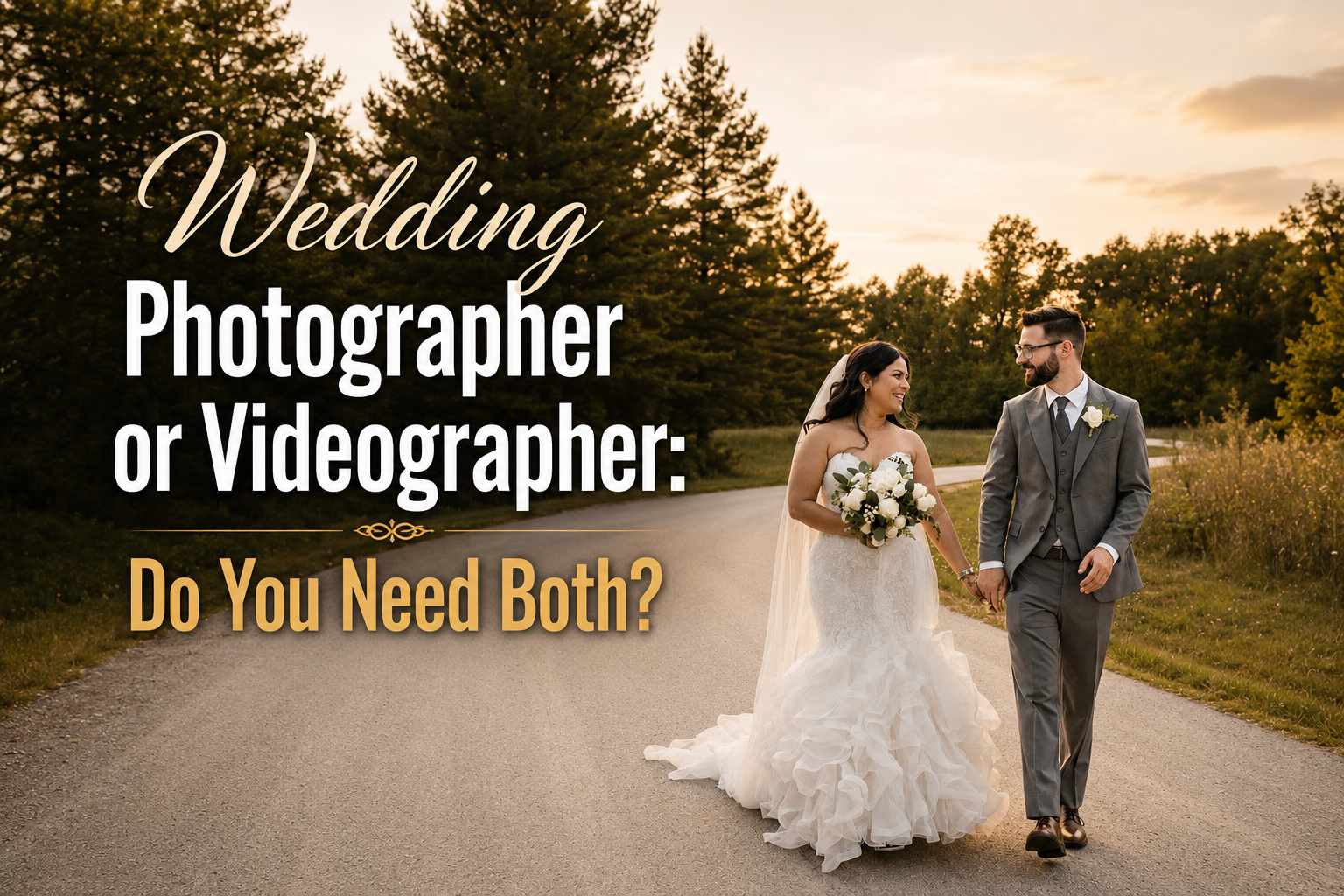 Bride and groom walking on a scenic road at sunset with text discussing whether to hire both a wedding photographer and videographer for capturing special moments.