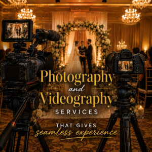 Wedding photography and videography setup capturing bride and groom at elegant venue with floral arch and chandeliers promising a seamless experience for special events