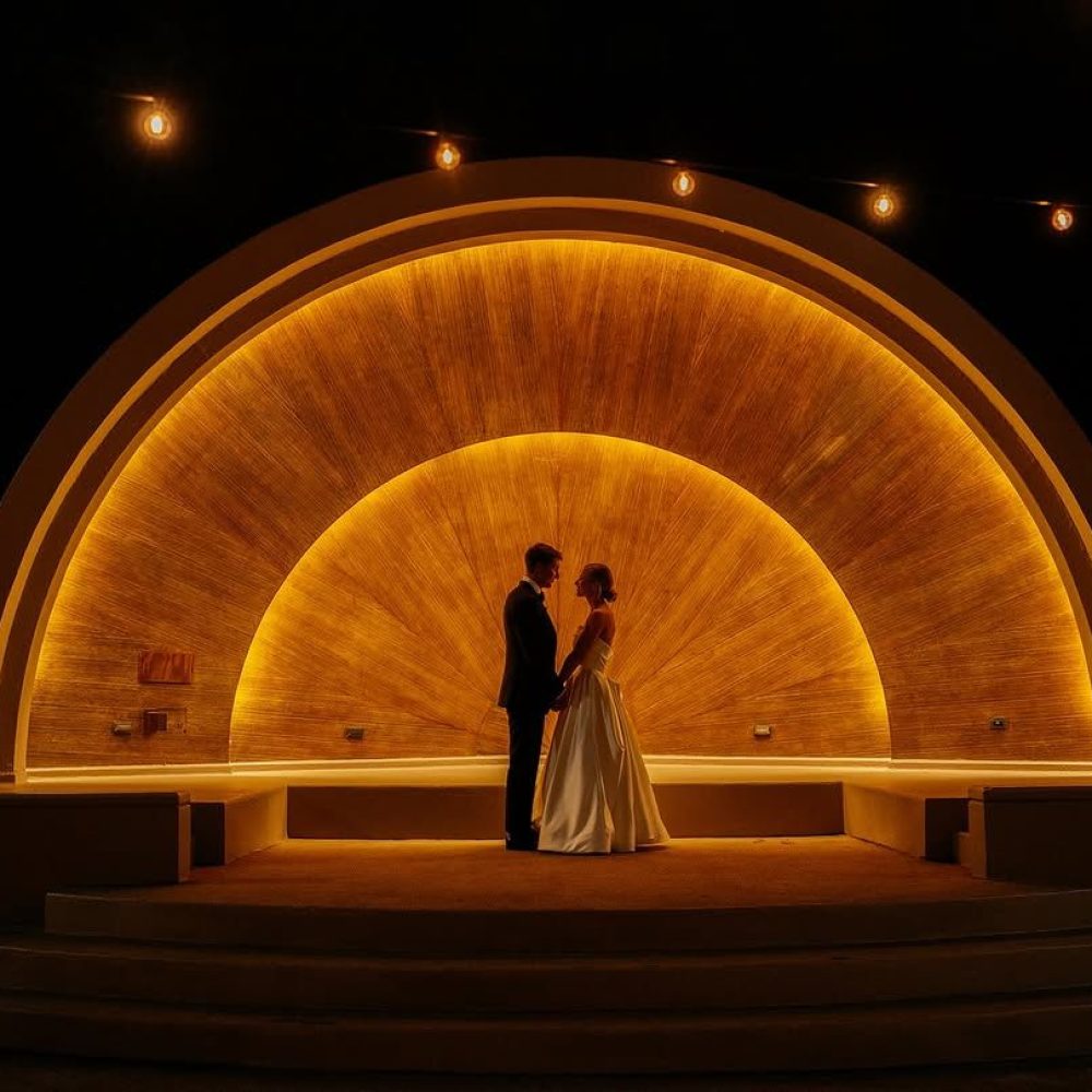 Romantic wedding couple silhouette under golden arch stage lighting – elegant bride in white gown and groom in black suit holding hands, captured by professional wedding photographer.